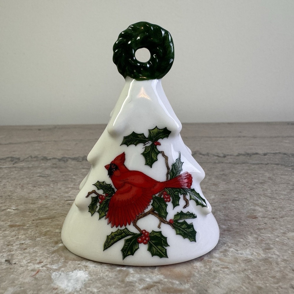 Porcelain Bell Lefton Christmas Tree Design. Red Cardinal Holly And Green Wreath